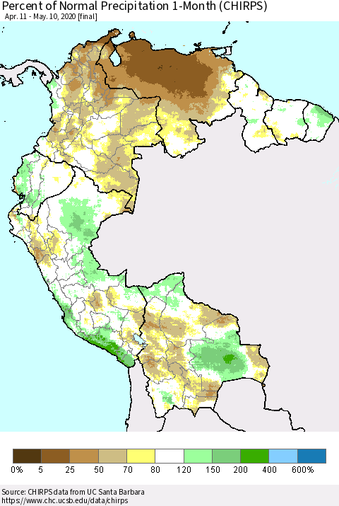 Northern South America Percent of Normal Precipitation 1-Month (CHIRPS) Thematic Map For 4/11/2020 - 5/10/2020
