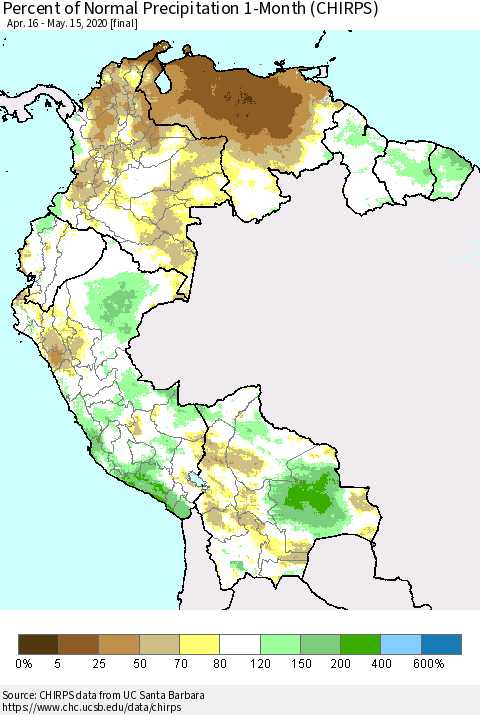 Northern South America Percent of Normal Precipitation 1-Month (CHIRPS) Thematic Map For 4/16/2020 - 5/15/2020