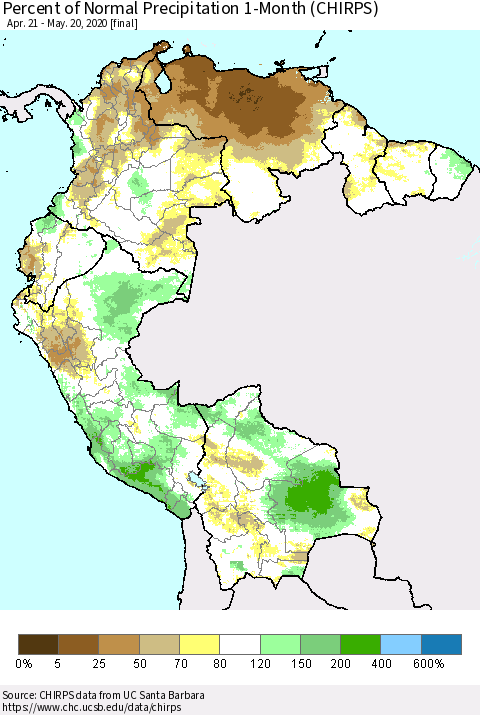 Northern South America Percent of Normal Precipitation 1-Month (CHIRPS) Thematic Map For 4/21/2020 - 5/20/2020