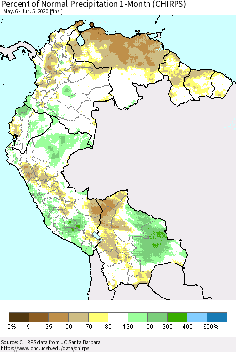 Northern South America Percent of Normal Precipitation 1-Month (CHIRPS) Thematic Map For 5/6/2020 - 6/5/2020