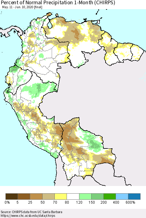 Northern South America Percent of Normal Precipitation 1-Month (CHIRPS) Thematic Map For 5/11/2020 - 6/10/2020