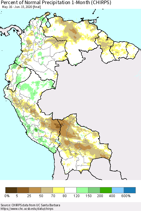 Northern South America Percent of Normal Precipitation 1-Month (CHIRPS) Thematic Map For 5/16/2020 - 6/15/2020