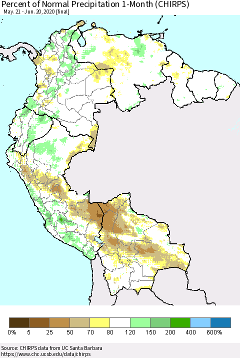 Northern South America Percent of Normal Precipitation 1-Month (CHIRPS) Thematic Map For 5/21/2020 - 6/20/2020
