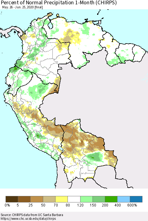 Northern South America Percent of Normal Precipitation 1-Month (CHIRPS) Thematic Map For 5/26/2020 - 6/25/2020