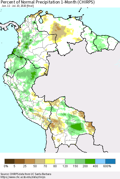 Northern South America Percent of Normal Precipitation 1-Month (CHIRPS) Thematic Map For 6/11/2020 - 7/10/2020