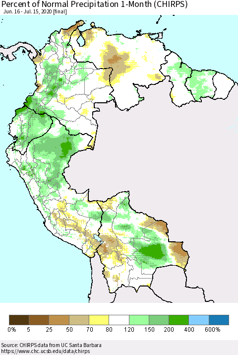 Northern South America Percent of Normal Precipitation 1-Month (CHIRPS) Thematic Map For 6/16/2020 - 7/15/2020