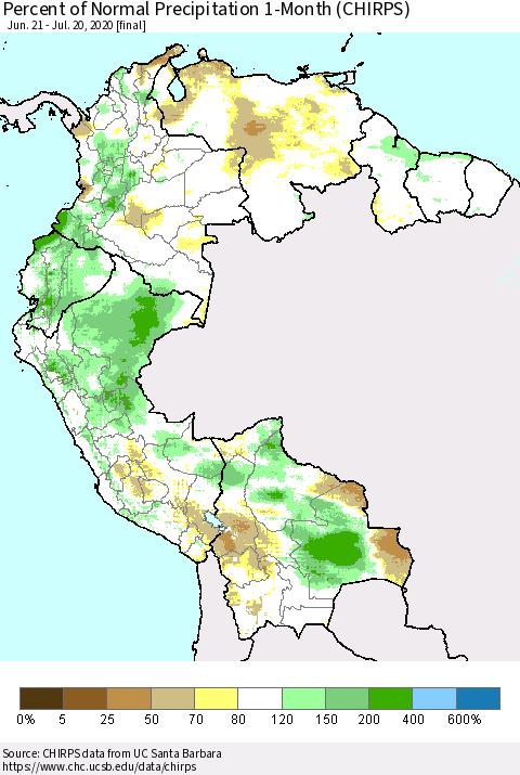 Northern South America Percent of Normal Precipitation 1-Month (CHIRPS) Thematic Map For 6/21/2020 - 7/20/2020