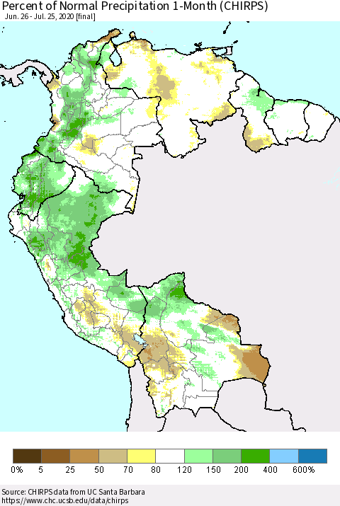 Northern South America Percent of Normal Precipitation 1-Month (CHIRPS) Thematic Map For 6/26/2020 - 7/25/2020