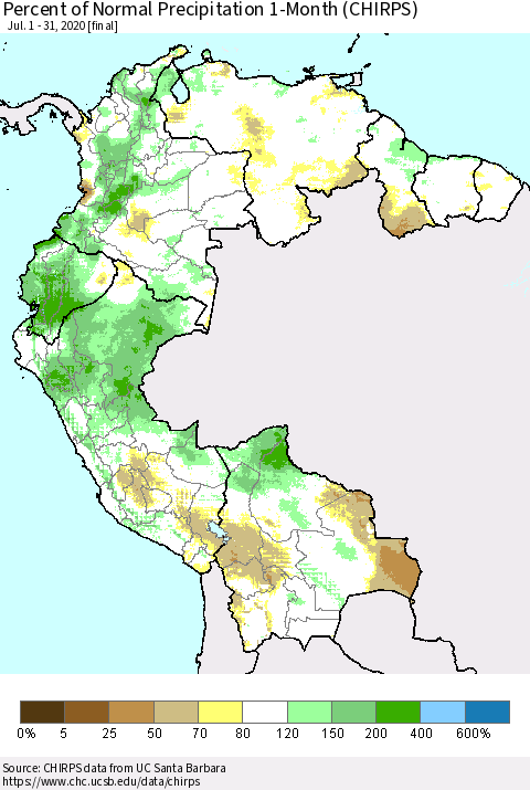 Northern South America Percent of Normal Precipitation 1-Month (CHIRPS) Thematic Map For 7/1/2020 - 7/31/2020