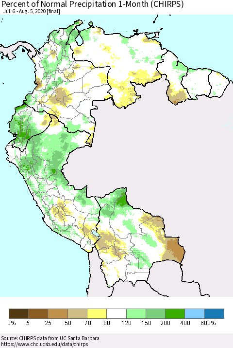 Northern South America Percent of Normal Precipitation 1-Month (CHIRPS) Thematic Map For 7/6/2020 - 8/5/2020