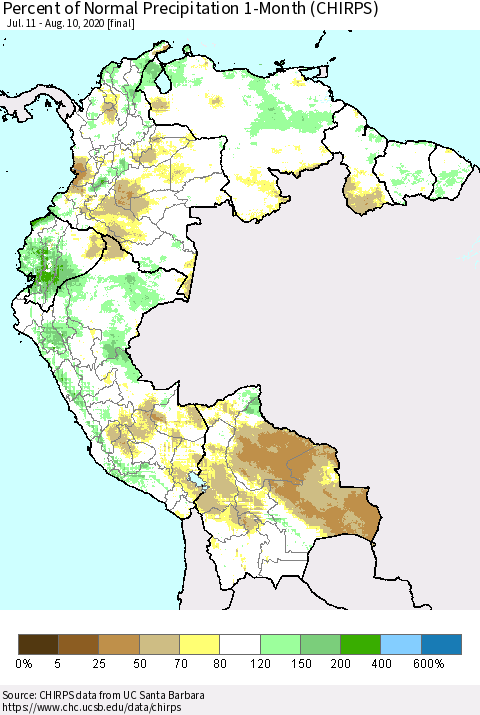 Northern South America Percent of Normal Precipitation 1-Month (CHIRPS) Thematic Map For 7/11/2020 - 8/10/2020