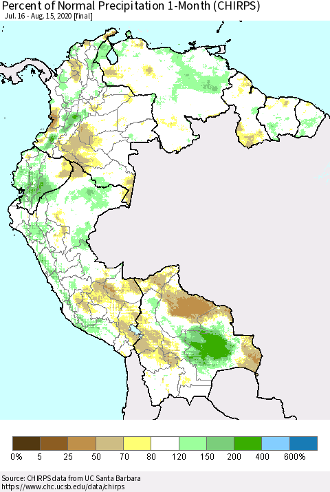 Northern South America Percent of Normal Precipitation 1-Month (CHIRPS) Thematic Map For 7/16/2020 - 8/15/2020