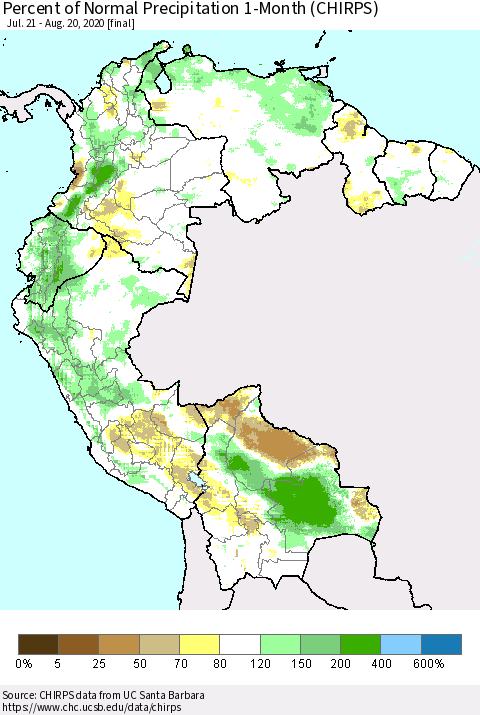 Northern South America Percent of Normal Precipitation 1-Month (CHIRPS) Thematic Map For 7/21/2020 - 8/20/2020