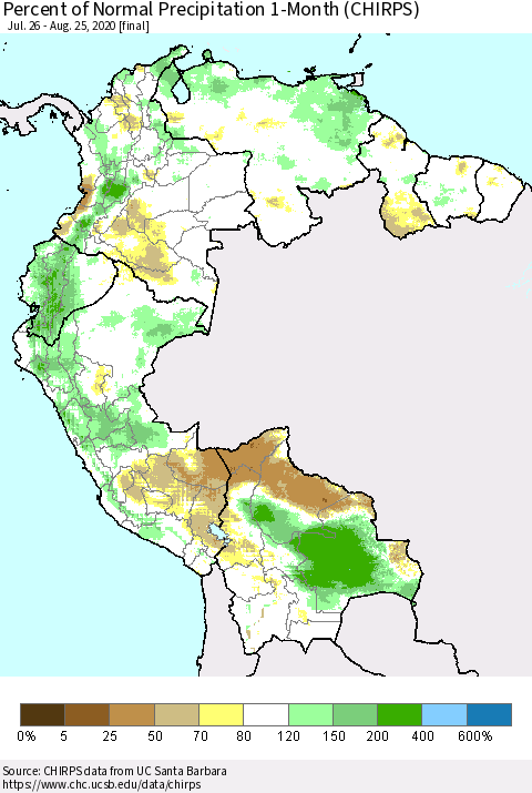 Northern South America Percent of Normal Precipitation 1-Month (CHIRPS) Thematic Map For 7/26/2020 - 8/25/2020