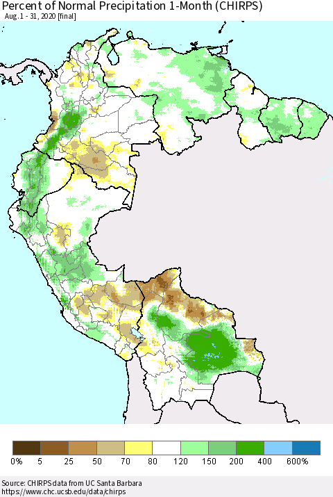 Northern South America Percent of Normal Precipitation 1-Month (CHIRPS) Thematic Map For 8/1/2020 - 8/31/2020