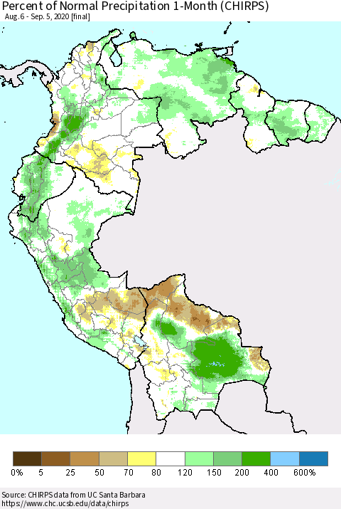 Northern South America Percent of Normal Precipitation 1-Month (CHIRPS) Thematic Map For 8/6/2020 - 9/5/2020