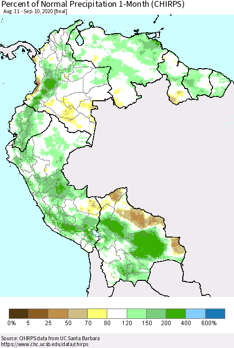 Northern South America Percent of Normal Precipitation 1-Month (CHIRPS) Thematic Map For 8/11/2020 - 9/10/2020