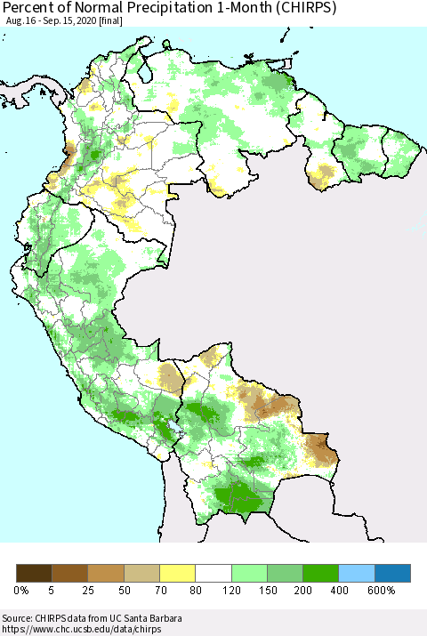 Northern South America Percent of Normal Precipitation 1-Month (CHIRPS) Thematic Map For 8/16/2020 - 9/15/2020