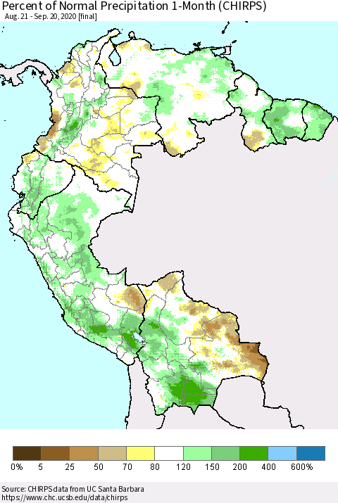 Northern South America Percent of Normal Precipitation 1-Month (CHIRPS) Thematic Map For 8/21/2020 - 9/20/2020