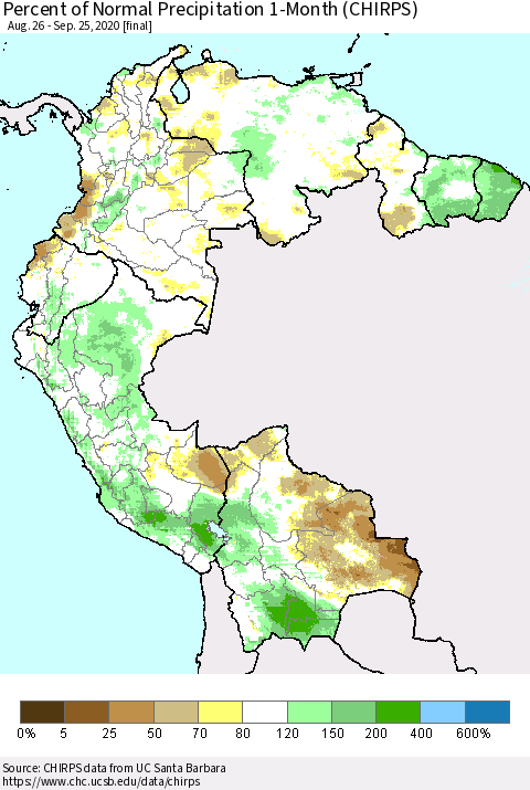 Northern South America Percent of Normal Precipitation 1-Month (CHIRPS) Thematic Map For 8/26/2020 - 9/25/2020