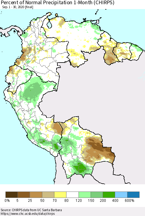 Northern South America Percent of Normal Precipitation 1-Month (CHIRPS) Thematic Map For 9/1/2020 - 9/30/2020
