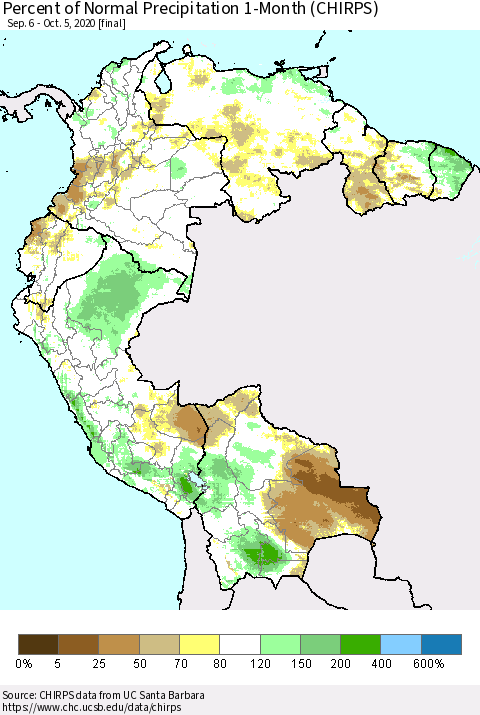 Northern South America Percent of Normal Precipitation 1-Month (CHIRPS) Thematic Map For 9/6/2020 - 10/5/2020