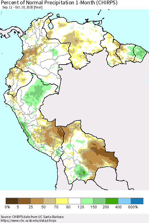 Northern South America Percent of Normal Precipitation 1-Month (CHIRPS) Thematic Map For 9/11/2020 - 10/10/2020