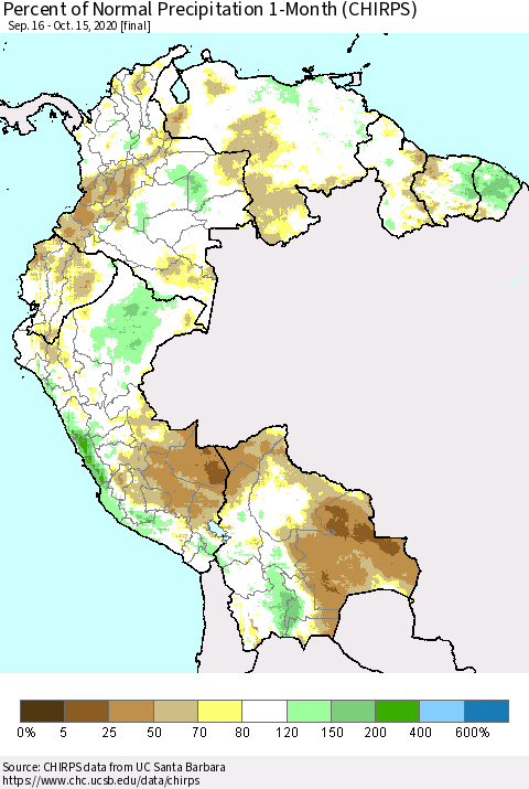 Northern South America Percent of Normal Precipitation 1-Month (CHIRPS) Thematic Map For 9/16/2020 - 10/15/2020