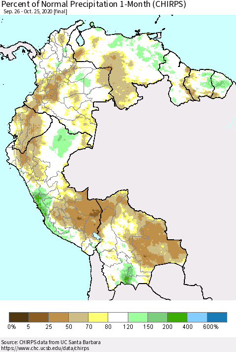 Northern South America Percent of Normal Precipitation 1-Month (CHIRPS) Thematic Map For 9/26/2020 - 10/25/2020