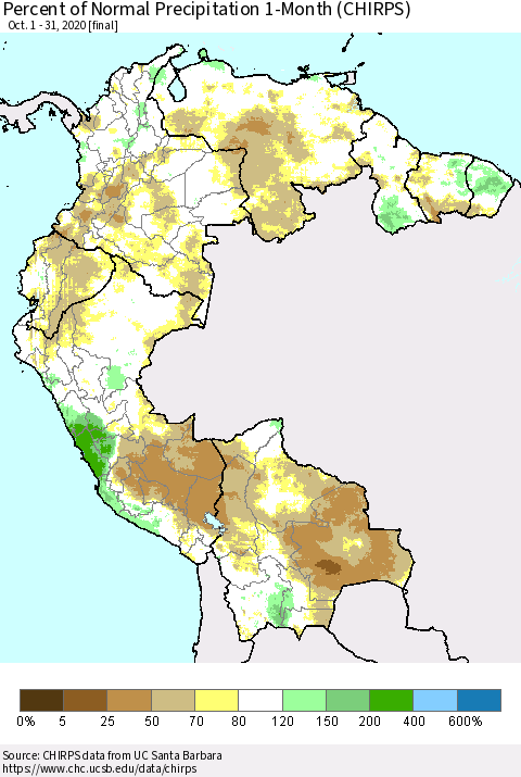 Northern South America Percent of Normal Precipitation 1-Month (CHIRPS) Thematic Map For 10/1/2020 - 10/31/2020