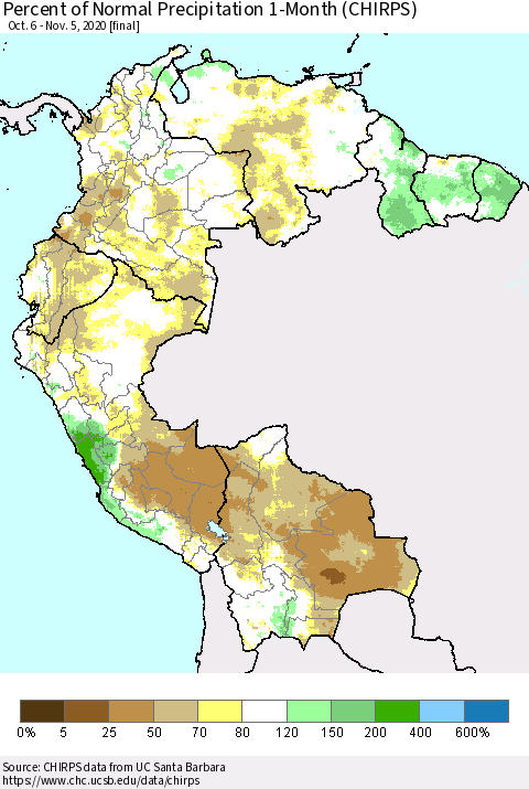 Northern South America Percent of Normal Precipitation 1-Month (CHIRPS) Thematic Map For 10/6/2020 - 11/5/2020