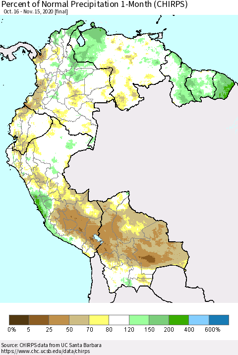 Northern South America Percent of Normal Precipitation 1-Month (CHIRPS) Thematic Map For 10/16/2020 - 11/15/2020