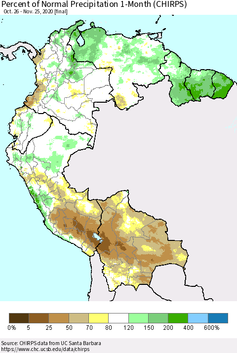 Northern South America Percent of Normal Precipitation 1-Month (CHIRPS) Thematic Map For 10/26/2020 - 11/25/2020