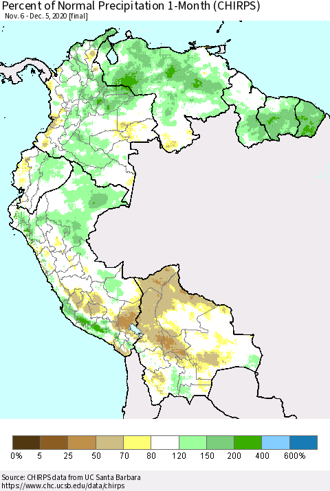 Northern South America Percent of Normal Precipitation 1-Month (CHIRPS) Thematic Map For 11/6/2020 - 12/5/2020