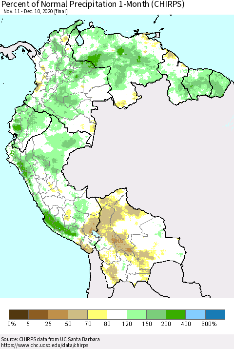 Northern South America Percent of Normal Precipitation 1-Month (CHIRPS) Thematic Map For 11/11/2020 - 12/10/2020