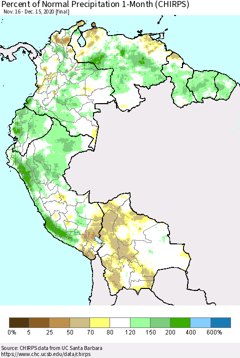 Northern South America Percent of Normal Precipitation 1-Month (CHIRPS) Thematic Map For 11/16/2020 - 12/15/2020