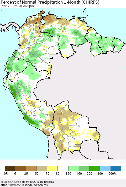 Northern South America Percent of Normal Precipitation 1-Month (CHIRPS) Thematic Map For 11/21/2020 - 12/20/2020