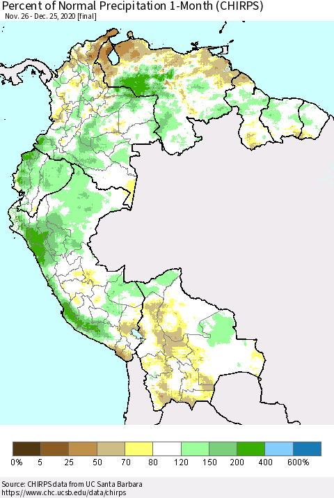 Northern South America Percent of Normal Precipitation 1-Month (CHIRPS) Thematic Map For 11/26/2020 - 12/25/2020