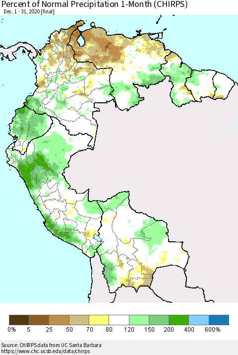 Northern South America Percent of Normal Precipitation 1-Month (CHIRPS) Thematic Map For 12/1/2020 - 12/31/2020
