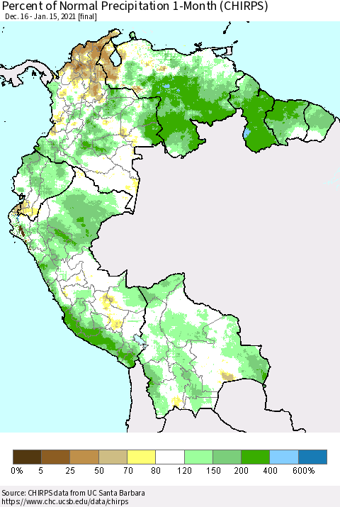 Northern South America Percent of Normal Precipitation 1-Month (CHIRPS) Thematic Map For 12/16/2020 - 1/15/2021