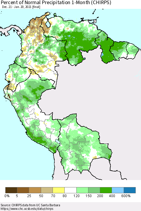 Northern South America Percent of Normal Precipitation 1-Month (CHIRPS) Thematic Map For 12/21/2020 - 1/20/2021
