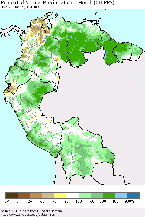 Northern South America Percent of Normal Precipitation 1-Month (CHIRPS) Thematic Map For 12/26/2020 - 1/25/2021