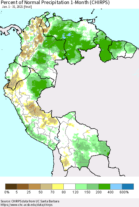 Northern South America Percent of Normal Precipitation 1-Month (CHIRPS) Thematic Map For 1/1/2021 - 1/31/2021