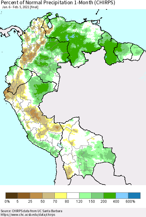 Northern South America Percent of Normal Precipitation 1-Month (CHIRPS) Thematic Map For 1/6/2021 - 2/5/2021