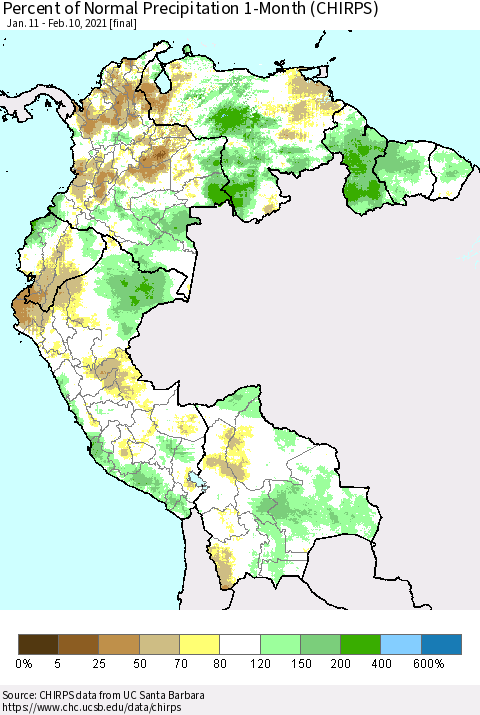 Northern South America Percent of Normal Precipitation 1-Month (CHIRPS) Thematic Map For 1/11/2021 - 2/10/2021