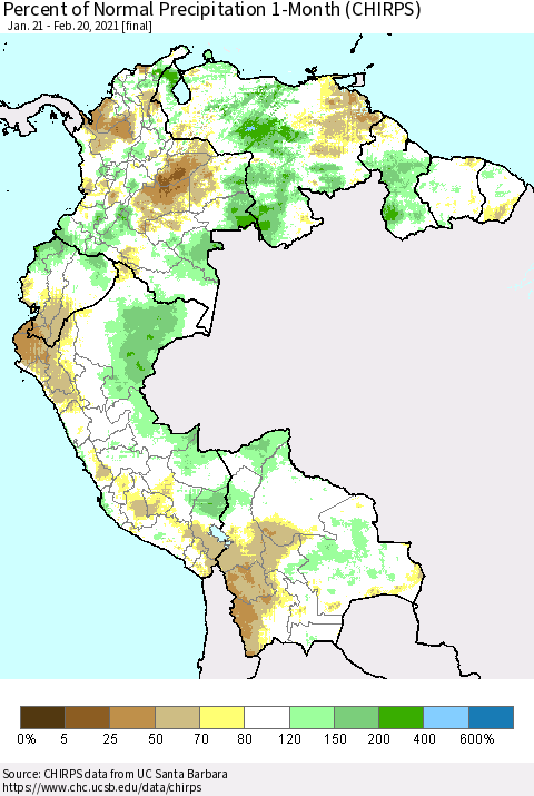 Northern South America Percent of Normal Precipitation 1-Month (CHIRPS) Thematic Map For 1/21/2021 - 2/20/2021
