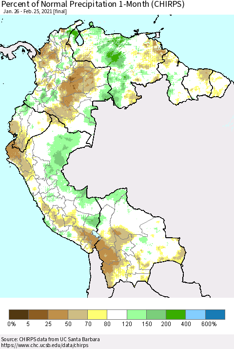 Northern South America Percent of Normal Precipitation 1-Month (CHIRPS) Thematic Map For 1/26/2021 - 2/25/2021