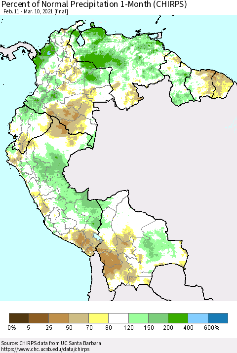 Northern South America Percent of Normal Precipitation 1-Month (CHIRPS) Thematic Map For 2/11/2021 - 3/10/2021