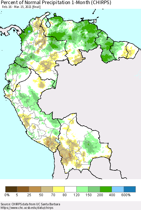 Northern South America Percent of Normal Precipitation 1-Month (CHIRPS) Thematic Map For 2/16/2021 - 3/15/2021