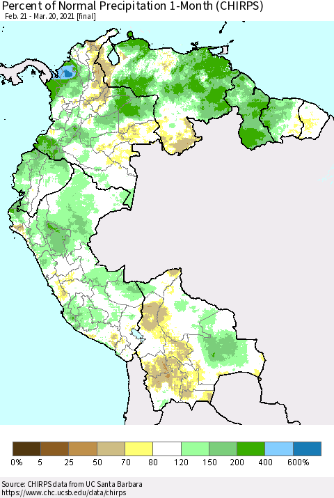Northern South America Percent of Normal Precipitation 1-Month (CHIRPS) Thematic Map For 2/21/2021 - 3/20/2021